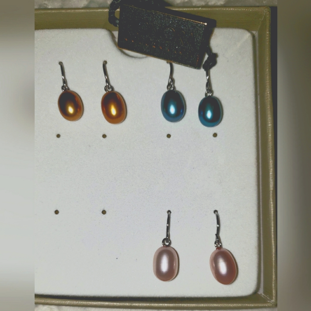 Honora Set of Three Cultured Pearl earrings. Sterling silver French Hook backing